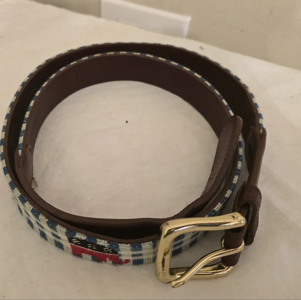 Men's Blue Checked Needlepoint Belt with Red Elephant Accent